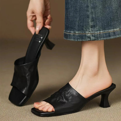 Women's Textured Open-Toe Block-Heel Mules in Black – product view | Hensley London