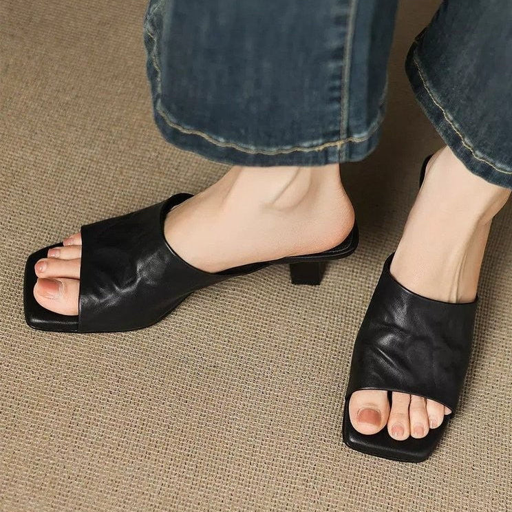 Women's Textured Open-Toe Block-Heel Mules – product view | Hensley London