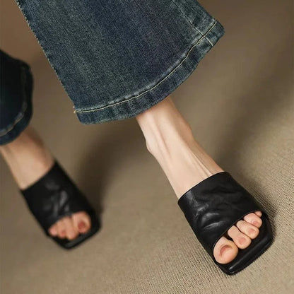 Women's Textured Open-Toe Block-Heel Mules – product view | Hensley London