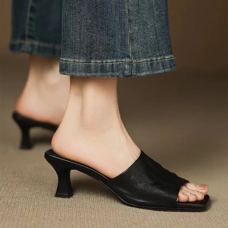Women's Textured Open-Toe Block-Heel Mules – product view | Hensley London