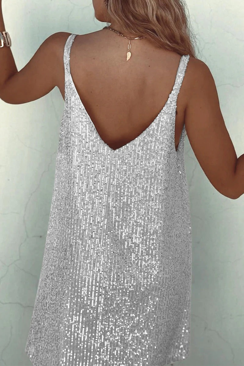 Women's Cocktail Dress Black Sequin Deep V Neck Mini - 3