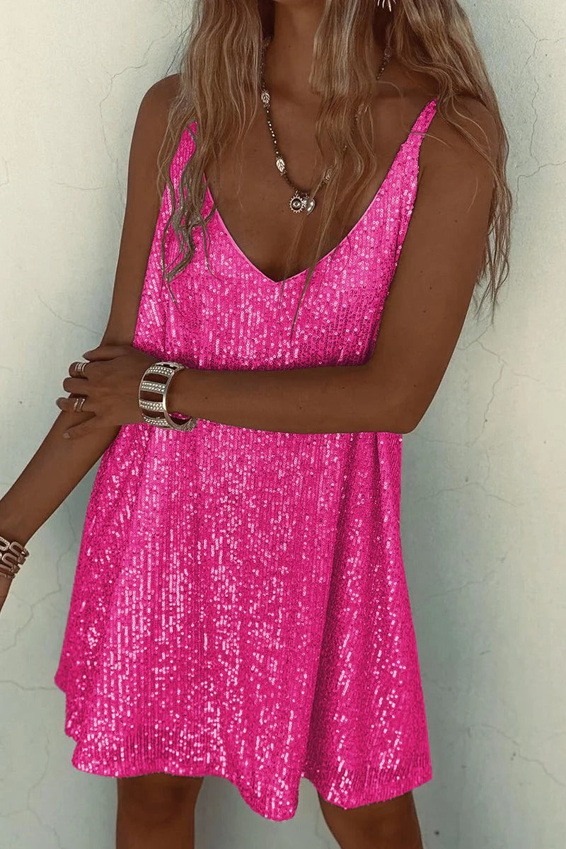 Women's Cocktail Dress Black Sequin Deep V Neck Mini - 5