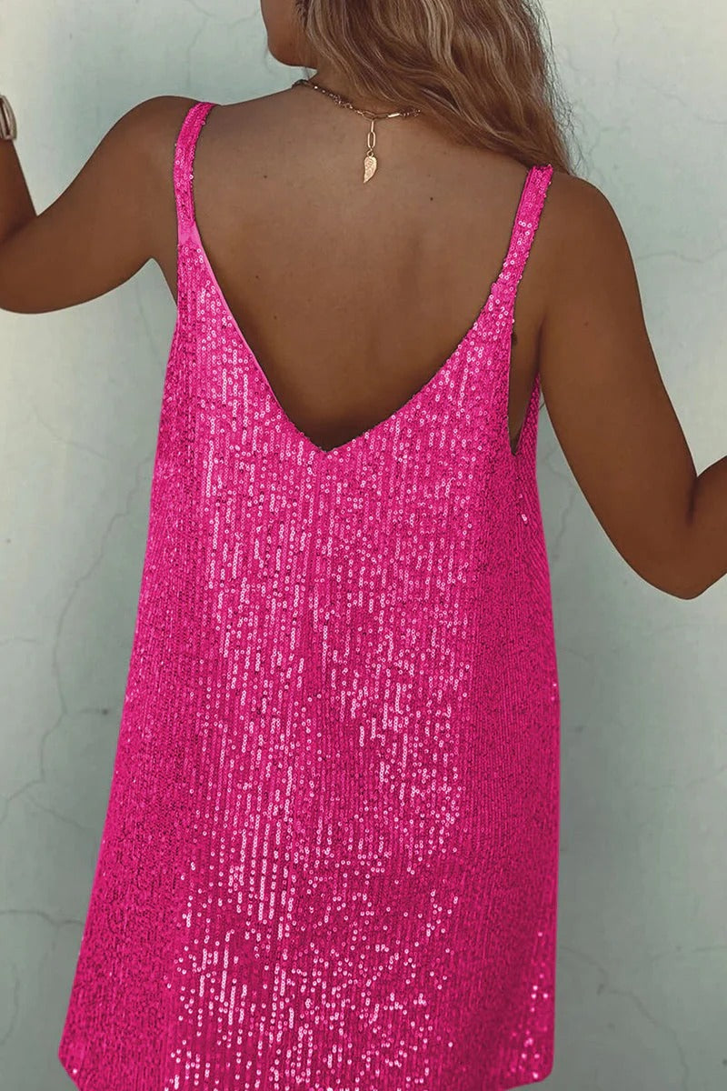 Women's Cocktail Dress Black Sequin Deep V Neck Mini - 6