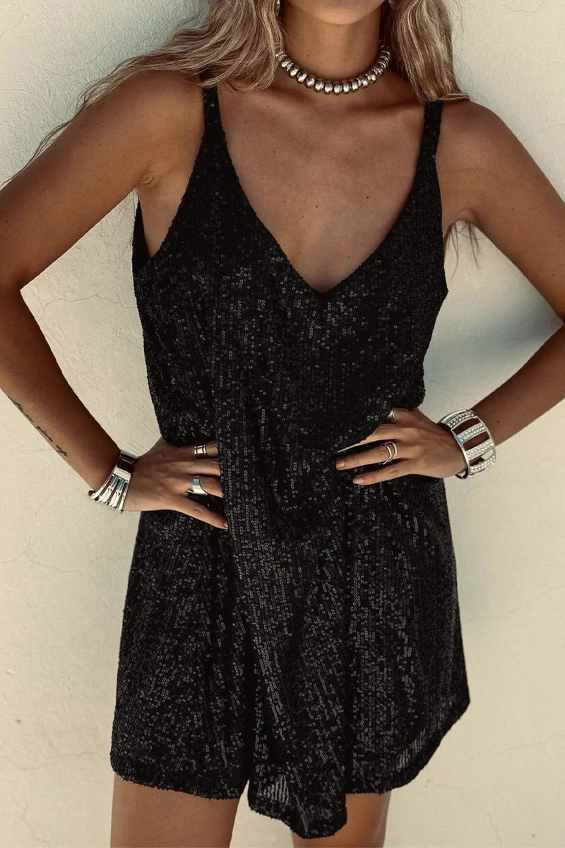 Women's Cocktail Dress Black Sequin Deep V Neck Mini - 10