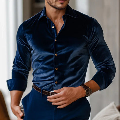 Men's Luxe Velvet Shirt – front view | Hensley London