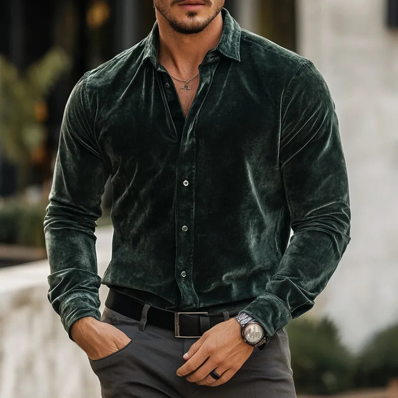 Men's Luxe Velvet Shirt – angled view | Hensley London