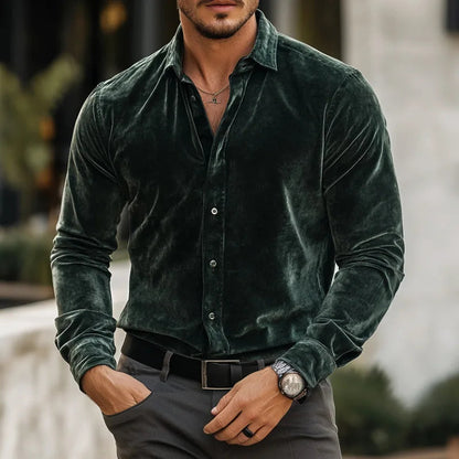Men's Luxe Velvet Shirt – angled view | Hensley London