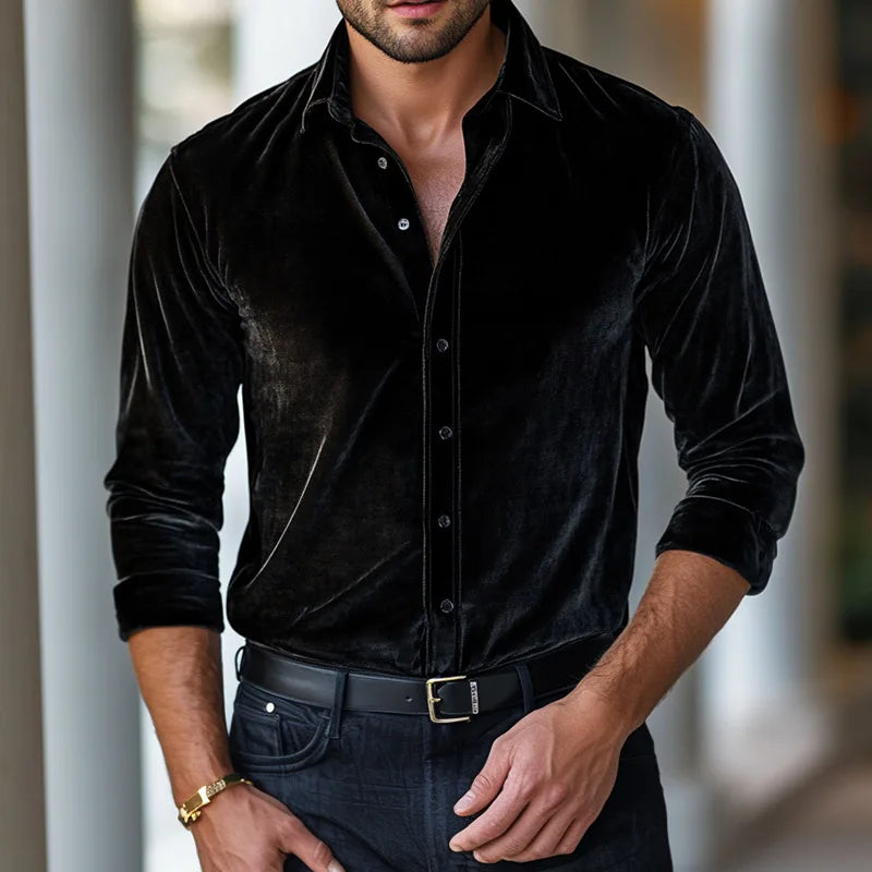 Men's Luxe Velvet Shirt – back view | Hensley London