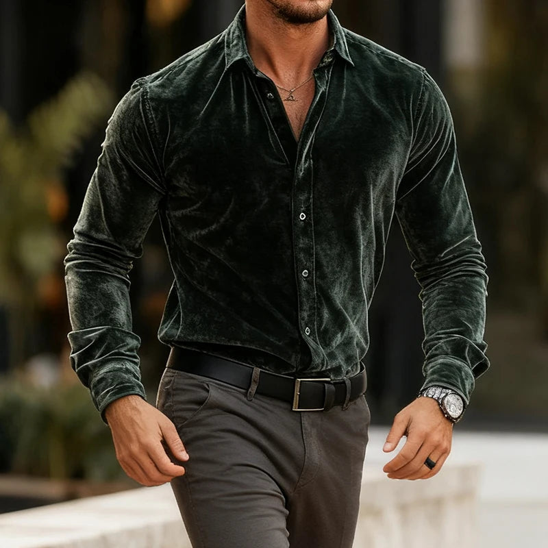 Men's Luxe Velvet Shirt – detail view | Hensley London