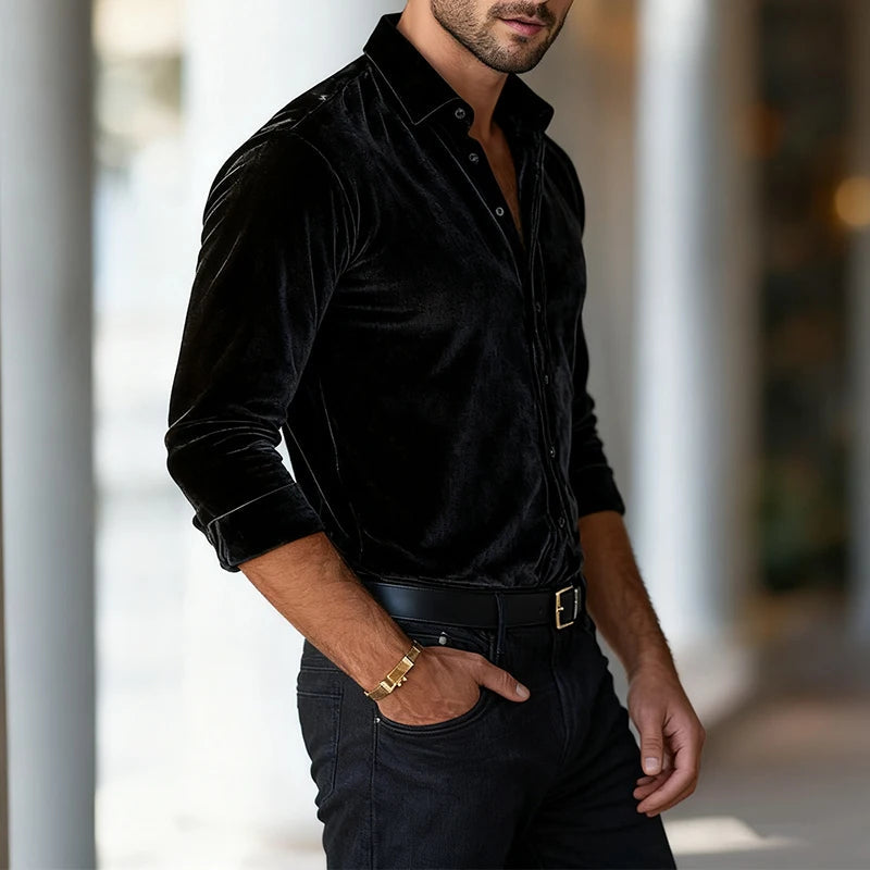 Men's Luxe Velvet Shirt – fabric detail | Hensley London