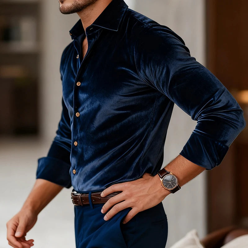 Men's Luxe Velvet Shirt – styled view | Hensley London