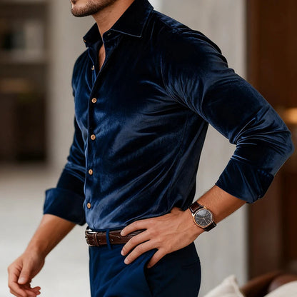Men's Luxe Velvet Shirt – styled view | Hensley London