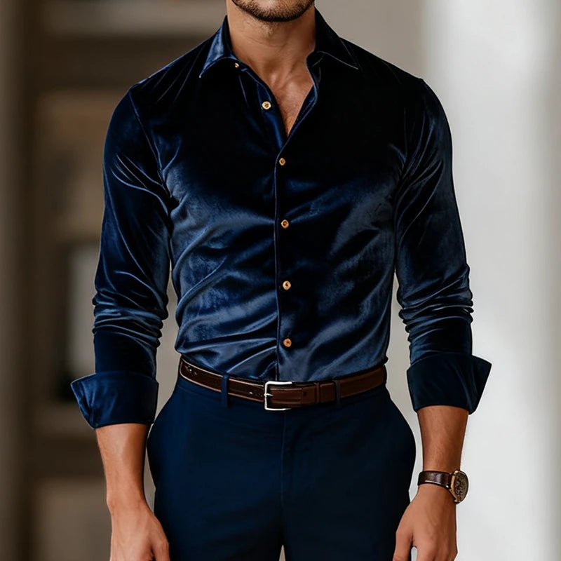Men's Luxe Velvet Shirt – close-up view | Hensley London