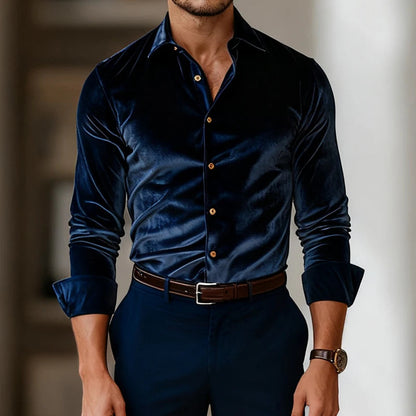 Men's Luxe Velvet Shirt – close-up view | Hensley London