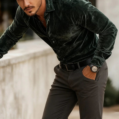 Men's Luxe Velvet Shirt – full view | Hensley London