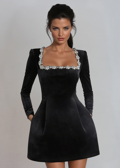 Women's Mini Dress Black Velvet Elegant Square Neck - 1