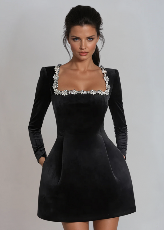 Women's Mini Dress Black Velvet Elegant Square Neck - 1