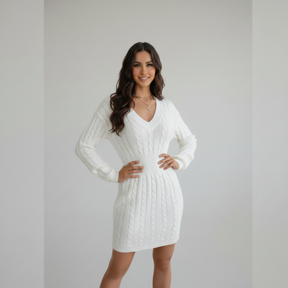Women's Mini Dress Black Knit Long Sleeve V Neckline - 1