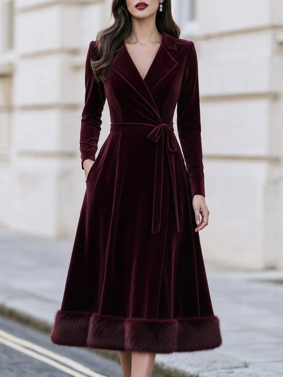 Women's Velvet-Look Wrap Midi Dress with Plush Trim in Burgundy – Product view | Hensley London