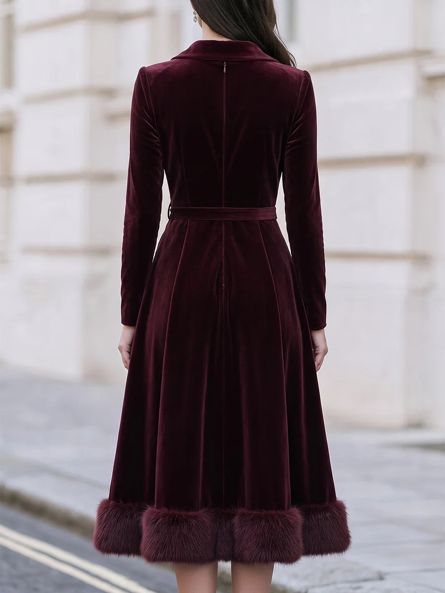 Women's Velvet-Look Wrap Midi Dress with Plush Trim in Burgundy – Product view | Hensley London