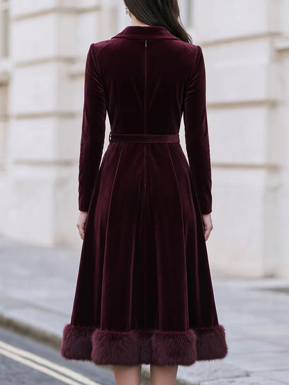 Women's Velvet-Look Wrap Midi Dress with Plush Trim in Burgundy – Product view | Hensley London