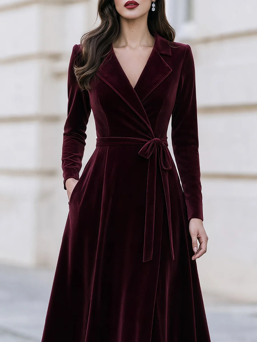 Women's Velvet-Look Wrap Midi Dress with Plush Trim in Burgundy – Product view | Hensley London