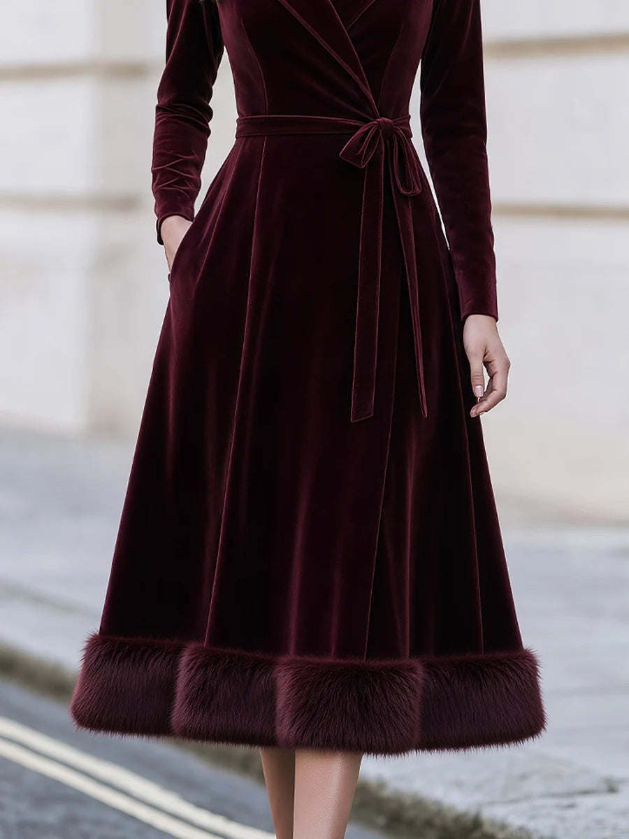 Women's Velvet-Look Wrap Midi Dress with Plush Trim in Burgundy – Product view | Hensley London