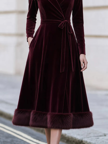 Women's Velvet-Look Wrap Midi Dress with Plush Trim in Burgundy – Product view | Hensley London