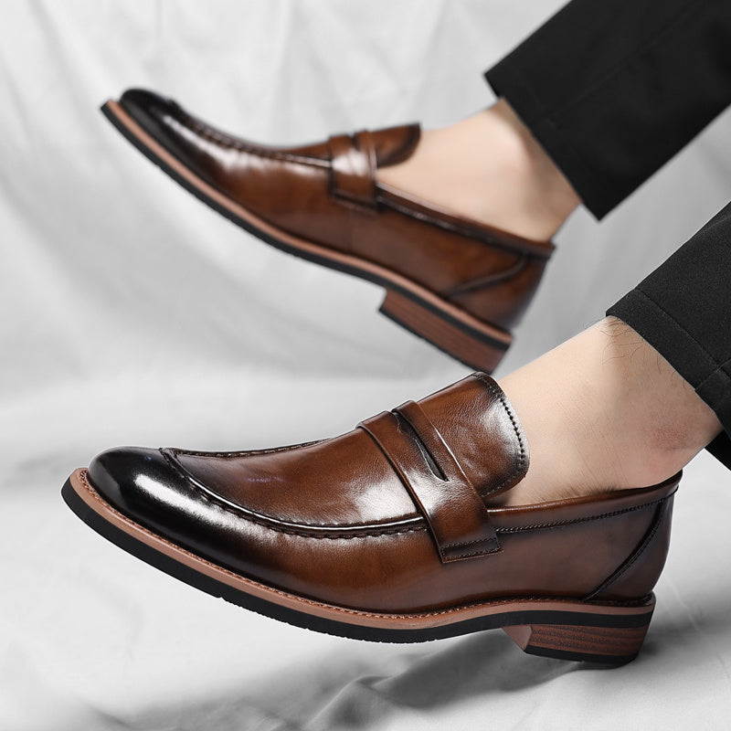 Men's Italian Leather Penny Loafers in Brown – angled view | Hensley London