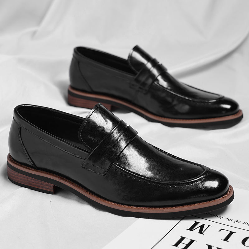 Men's Italian Leather Penny Loafers in Black – top view | Hensley London