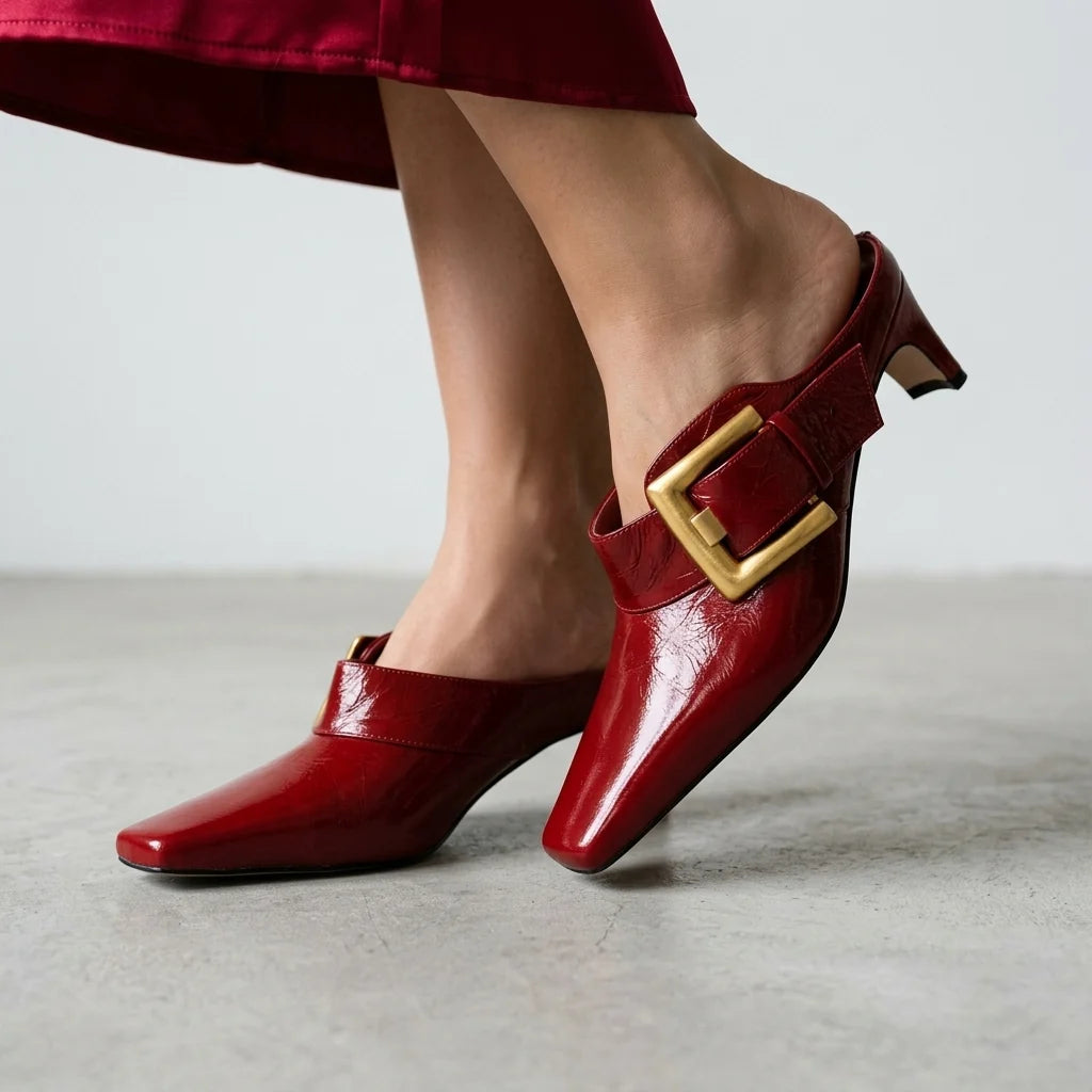 Women's Square-Toe Buckle Kitten-Heel Mules – product view | Hensley London