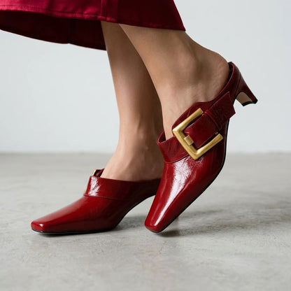 Women's Square-Toe Buckle Kitten-Heel Mules – product view | Hensley London