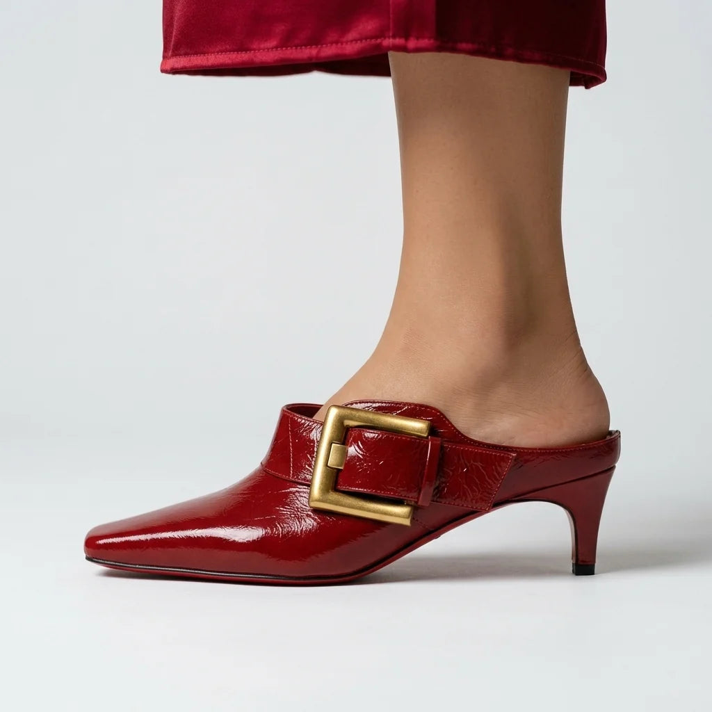 Women's Square-Toe Buckle Kitten-Heel Mules – product view | Hensley London