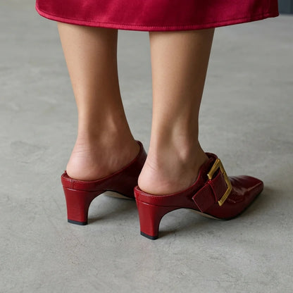 Women's Square-Toe Buckle Kitten-Heel Mules – product view | Hensley London