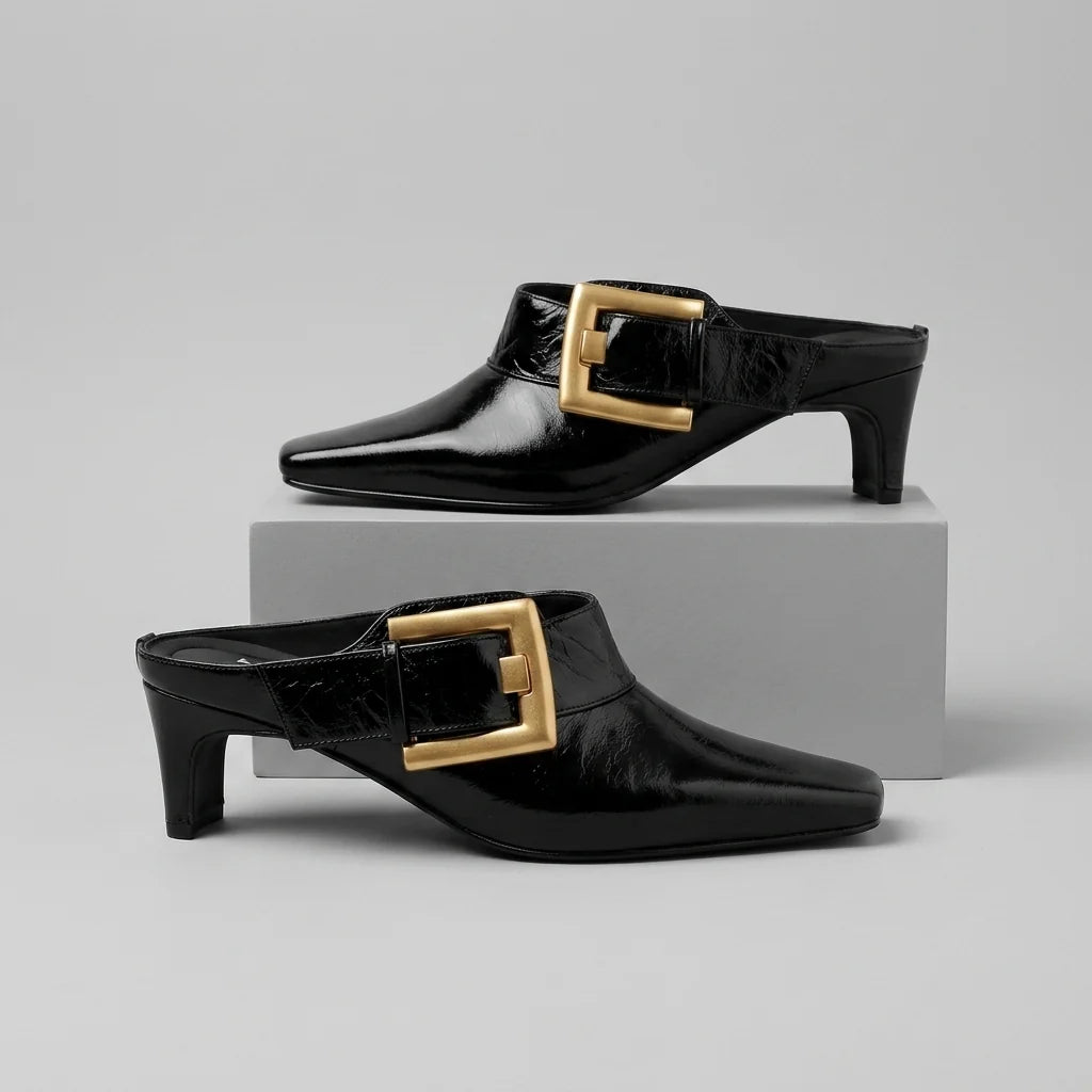Women's Square-Toe Buckle Kitten-Heel Mules in Charcoal – product view | Hensley London