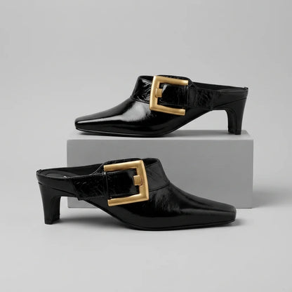 Women's Square-Toe Buckle Kitten-Heel Mules in Charcoal – product view | Hensley London