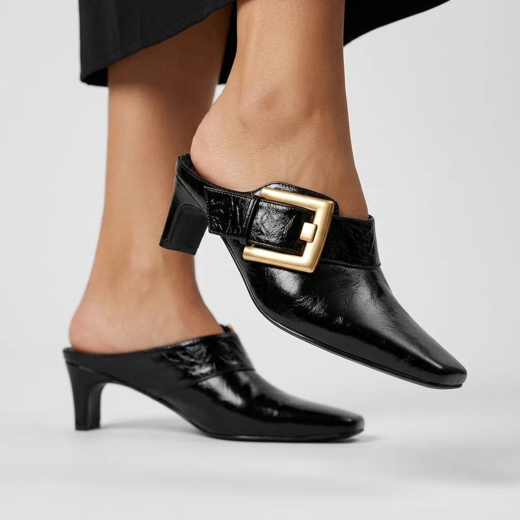 Women's Square-Toe Buckle Kitten-Heel Mules – product view | Hensley London