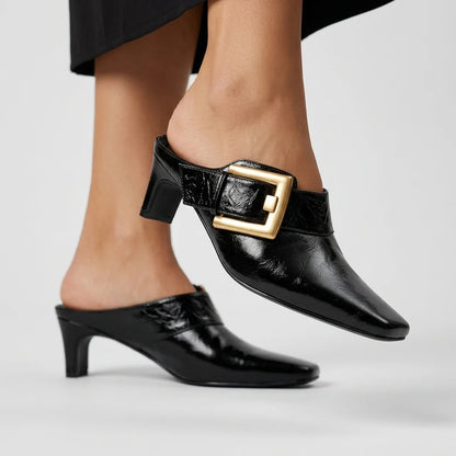 Women's Square-Toe Buckle Kitten-Heel Mules – product view | Hensley London