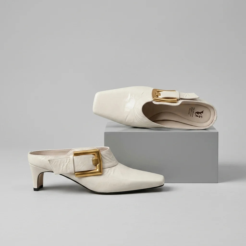 Women's Square-Toe Buckle Kitten-Heel Mules in Pearl – product view | Hensley London