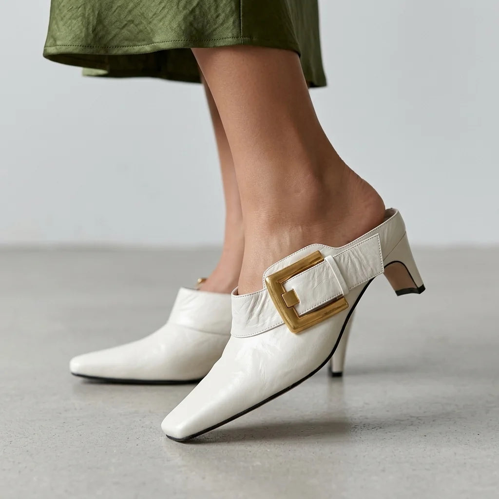 Women's Square-Toe Buckle Kitten-Heel Mules – product view | Hensley London