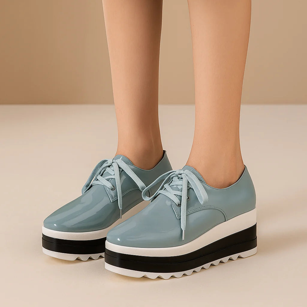 Women's Gloss-Finish Lace-Up Platform Sneakers in Blue – Product view | Hensley London