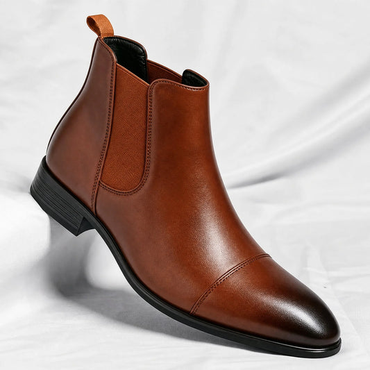 Men's Leather Chelsea Boots – Elastic Side Panels in Brown – Product view | Hensley London