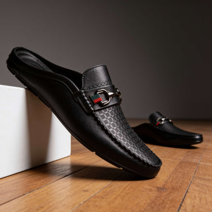 Women's Genuine Leather Grid Mule Loafers – main view | Hensley London