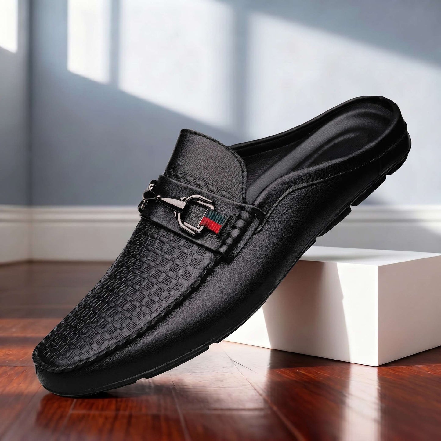 Women's Genuine Leather Grid Mule Loafers – side view | Hensley London