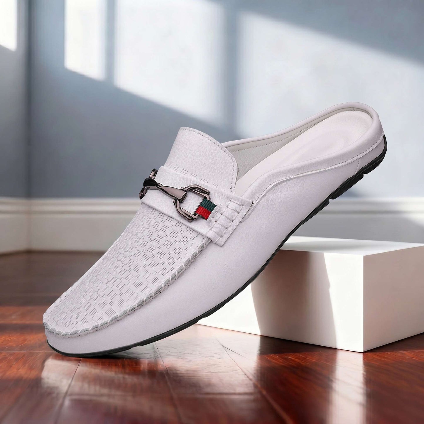 Women's Genuine Leather Grid Mule Loafers – detail view | Hensley London