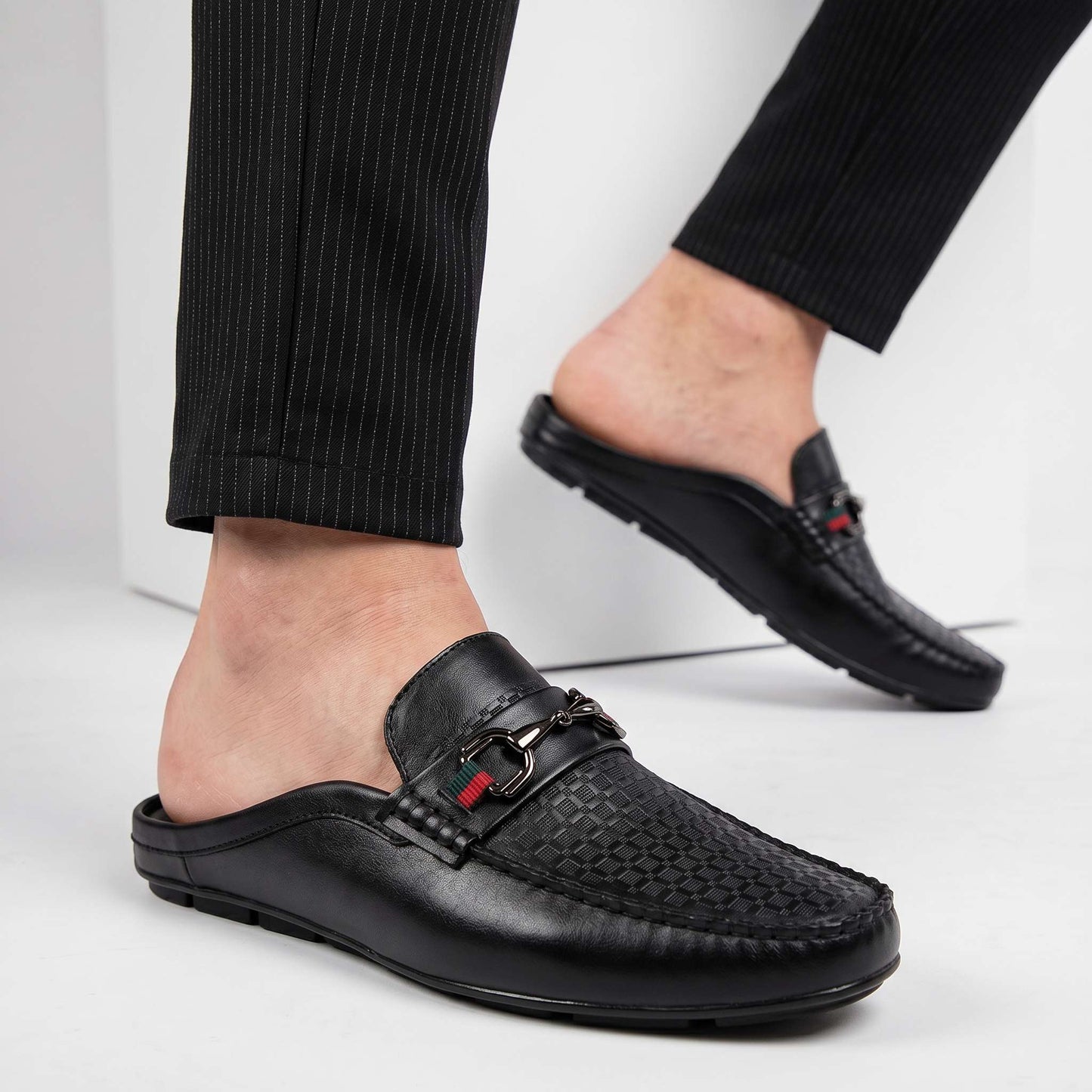 Women's Genuine Leather Grid Mule Loafers – backless view | Hensley London