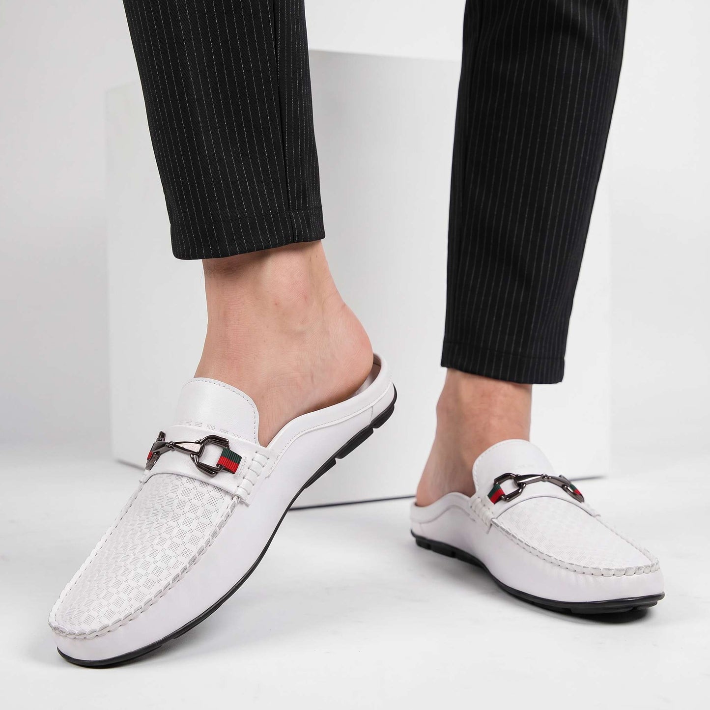 Women's Genuine Leather Grid Mule Loafers – product view | Hensley London