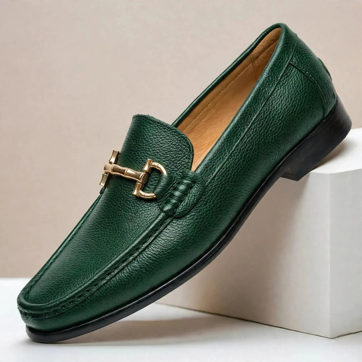 Men's Textured Moc-Toe Bit Loafers in Green – product view | Hensley London