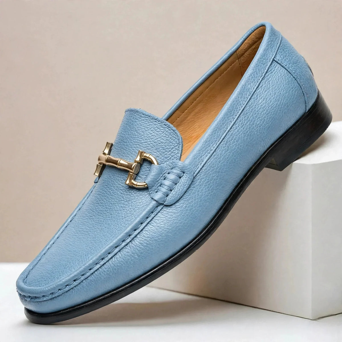 Men's Textured Moc-Toe Bit Loafers in Sky Blue – product view | Hensley London
