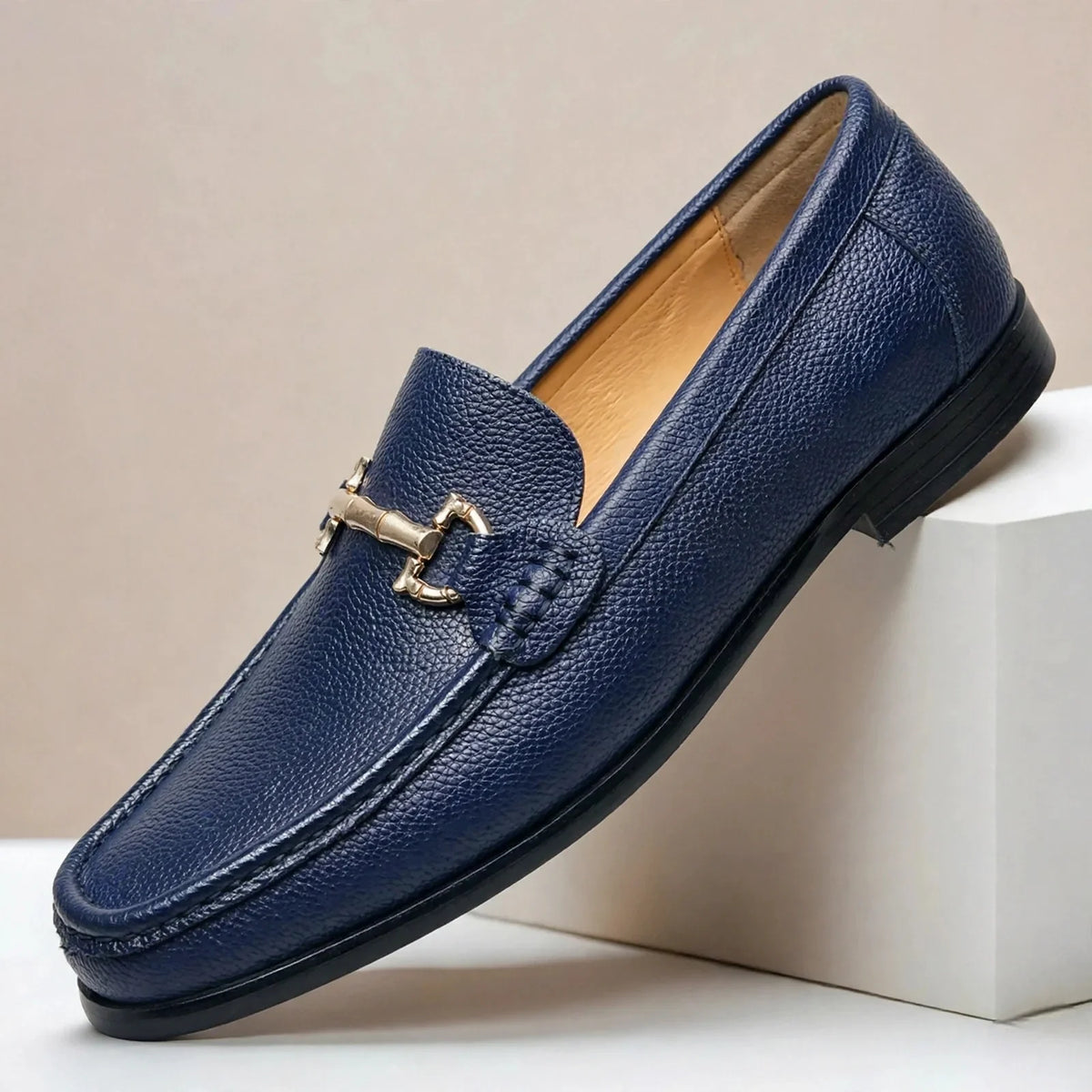 Men's Textured Moc-Toe Bit Loafers in Blue – product view | Hensley London